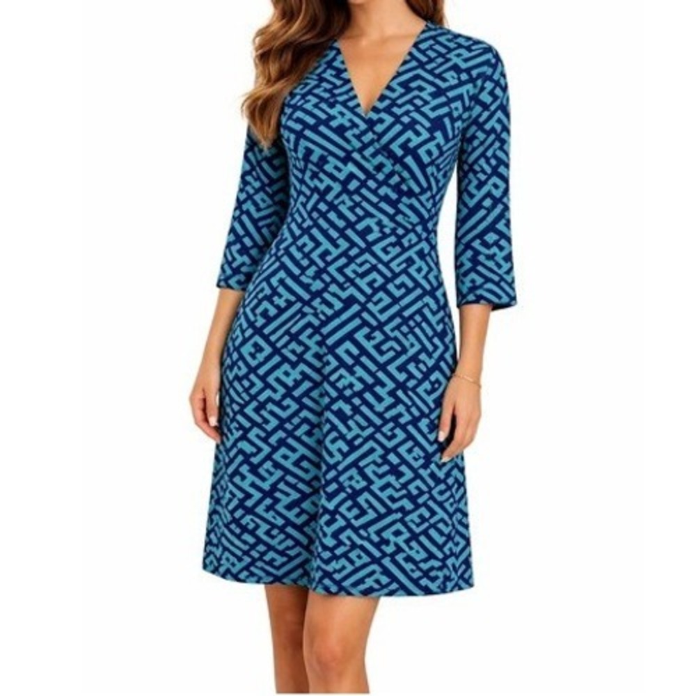 41 Hawthorn Faux Wrap Dress Navy Teal Geometric Print 3/4 Sleeve V-Neck